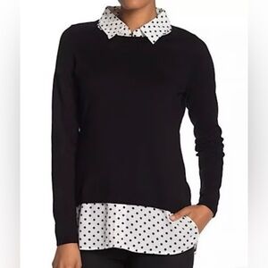 ADRIANNA PAPELL BLACK /WHITE Polka Dot Sweater Collar Shirt SIZE L